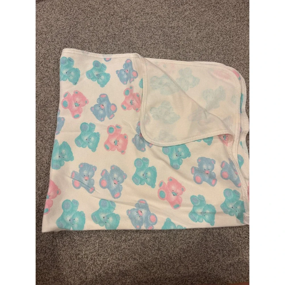 Carters White Blue Green Pink Teddy Bear Baby Blanket Cotton Pastel Vintage 90's